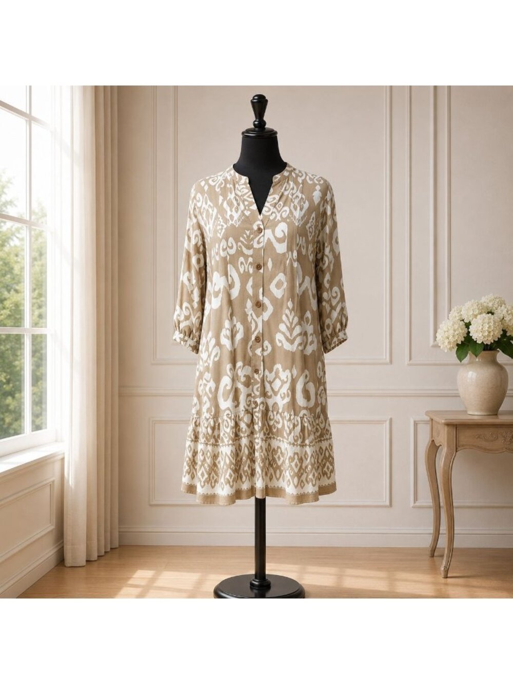 Marianne Floral Tunic Dress Women's M Button Front 3/4 Sleeve Ruffle Hem